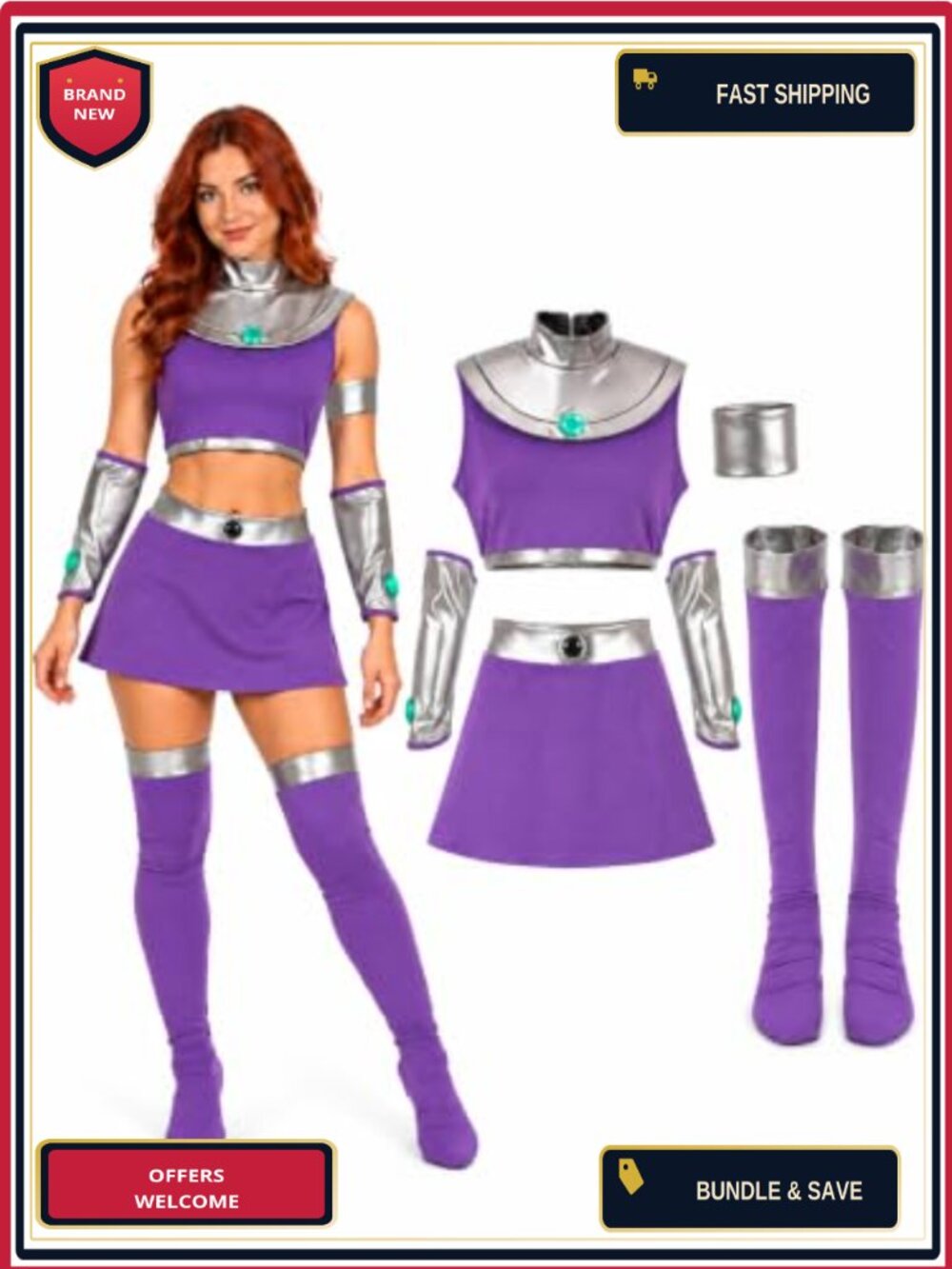 Starfire Cosplay Costume Women Purple Halloween Bodysuit Set